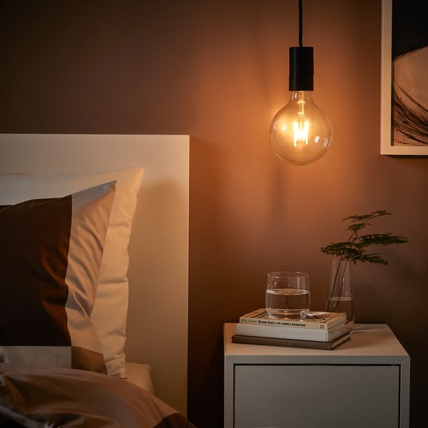 SUNNEBY / LUNNOM - Pendant lamp with bulb, black / adjustable light intensity globe ,