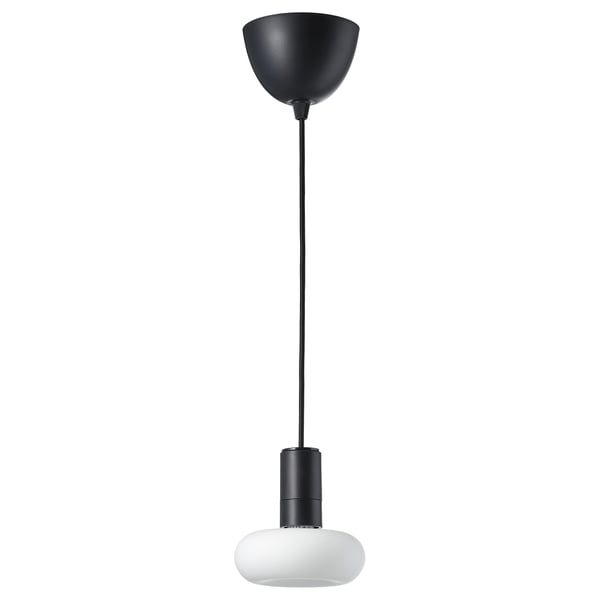 SUNNEBY / MOLNART pendant lamp with light bulb, black/donut-shaped opal white