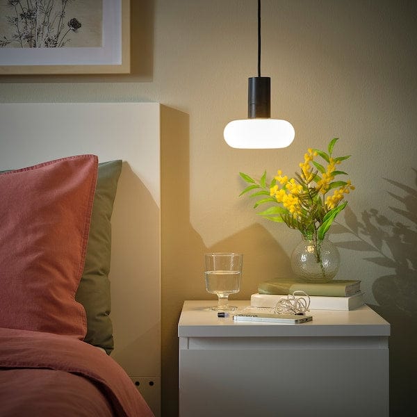 Ikea SUNNEBY / MOLNART - Pendant lamp with light bulb, black/donut-shaped opal white