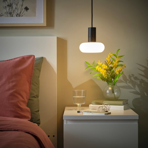 SUNNEBY / MOLNART pendant lamp with light bulb, black/donut-shaped opal white
