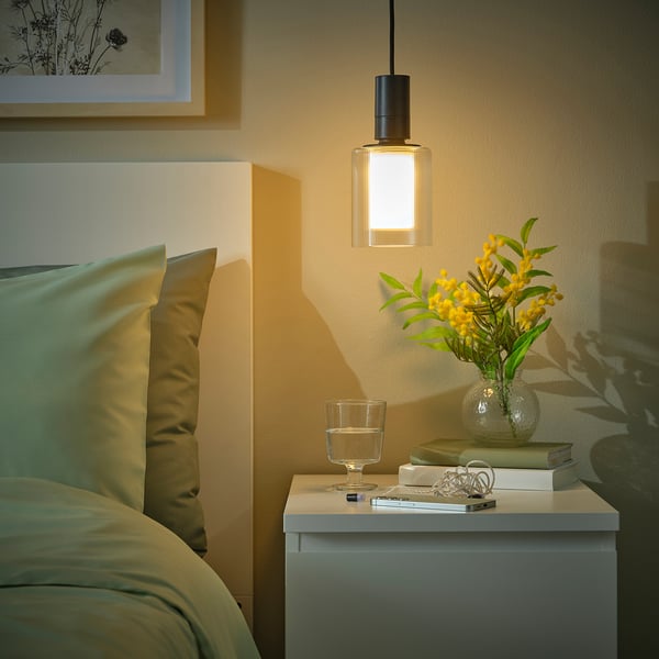 SUNNEBY / MOLNART - Pendant lamp with light bulb, black textile/cylinder striped