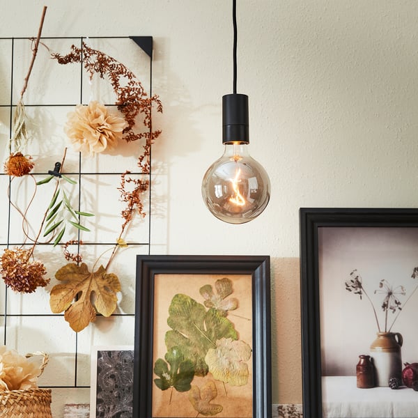 SUNNEBY / MOLNART pendant lamp, black/globe grey clear glass, 125 mm