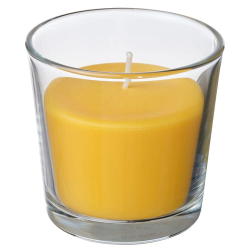 SVARTOXBÄR scented candle in glass, Mimosa/yellow, 25 h