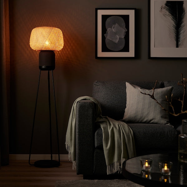 SYMFONISK - Floor lamp with Wi-Fi case, bamboo/smart ,