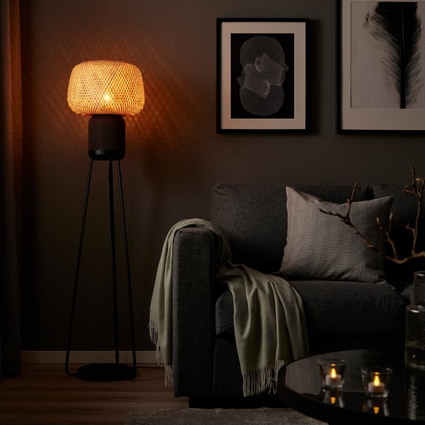 SYMFONISK - Floor lamp with Wi-Fi case, bamboo/smart ,