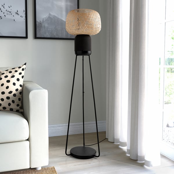 SYMFONISK - Floor lamp with Wi-Fi case, bamboo/smart ,