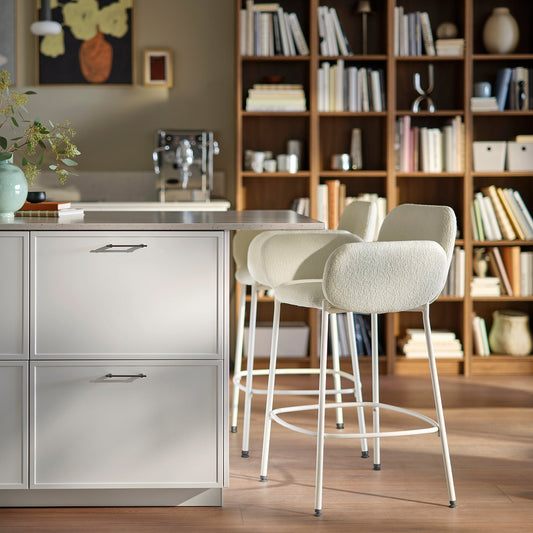 SYNTORP bar stool with backrest, counter height white/Axvall off-white, 66 cm