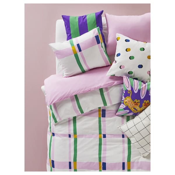 Ikea SYRABLADMAL - Duvet cover and 2 pillowcases, multicolour/check, 240x220/50x80 cm