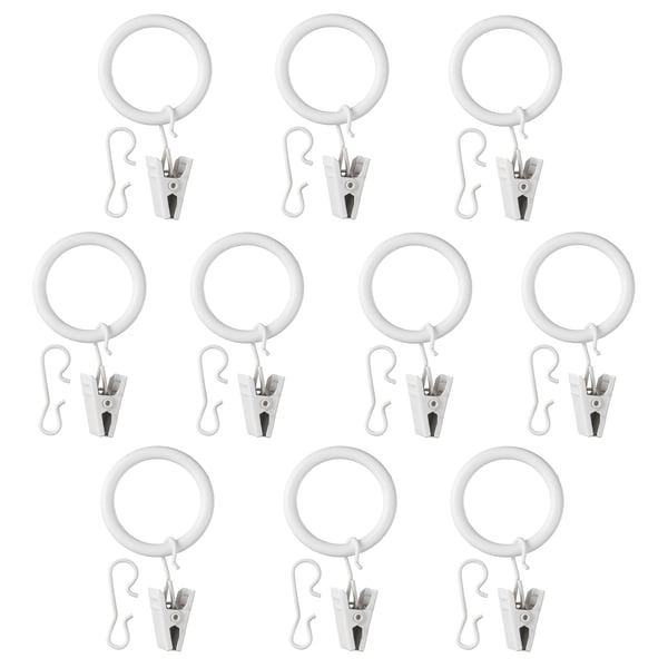 SYRLIG curtain ring with clip and hook, white, 25 mm, 10 pack