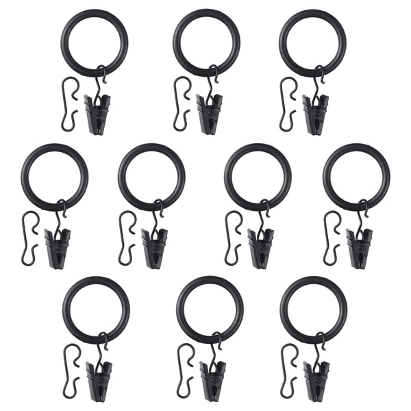 SYRLIG curtain ring with clip and hook, black, 25 mm, 10 pack