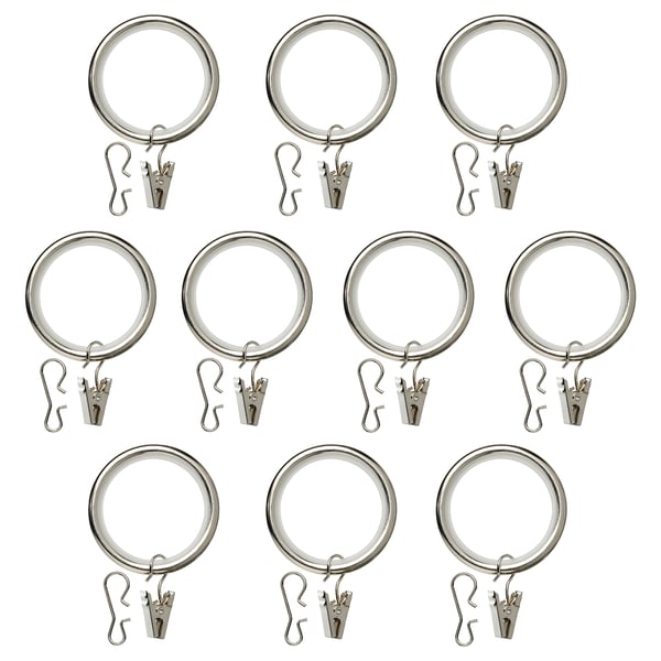SYRLIG curtain ring with clip and hook, nickel-plated, 38 mm, 10 pack