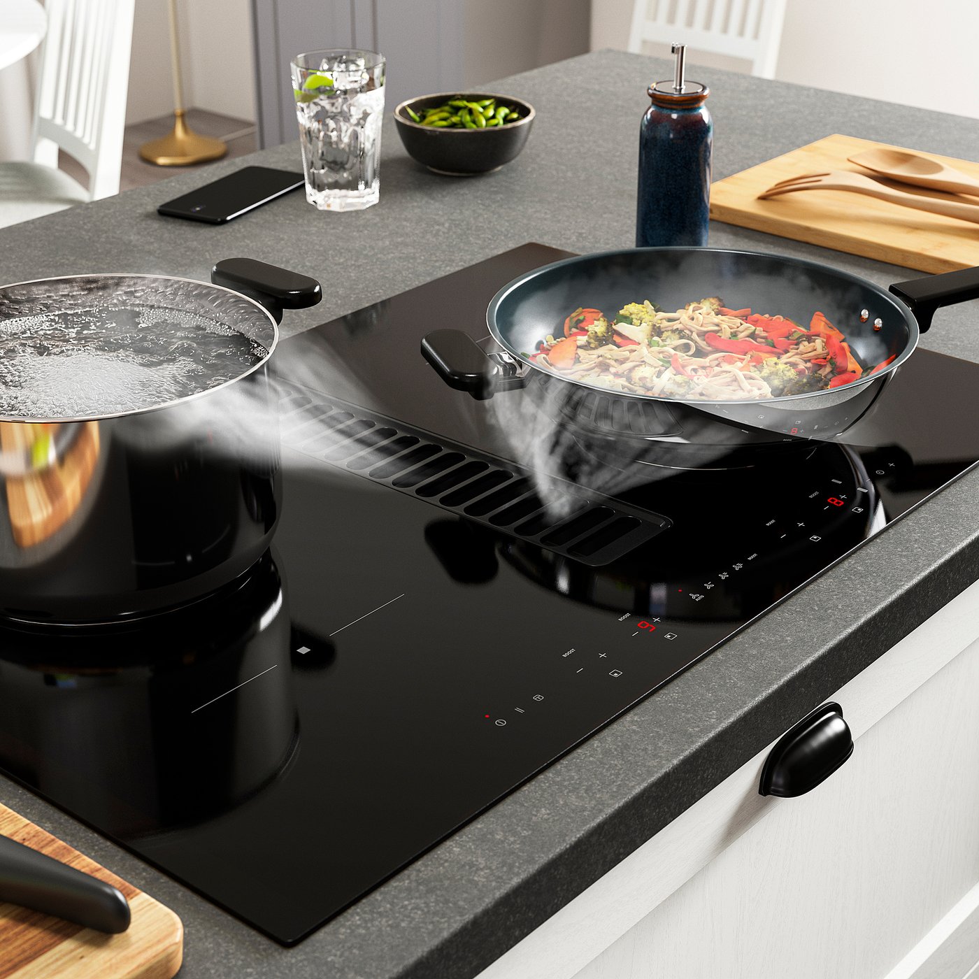 TÄCKNAN induction hob/integrated extractor, IKEA 300 black, 76.0x50.0x49.0 cm