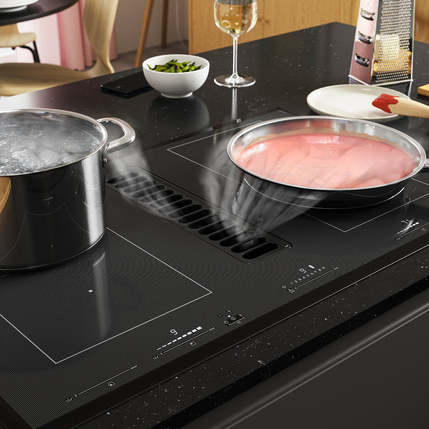 TÄCKNAN induction hob/integrated extractor, IKEA 500 black, 75.5x50.0x49.0 cm