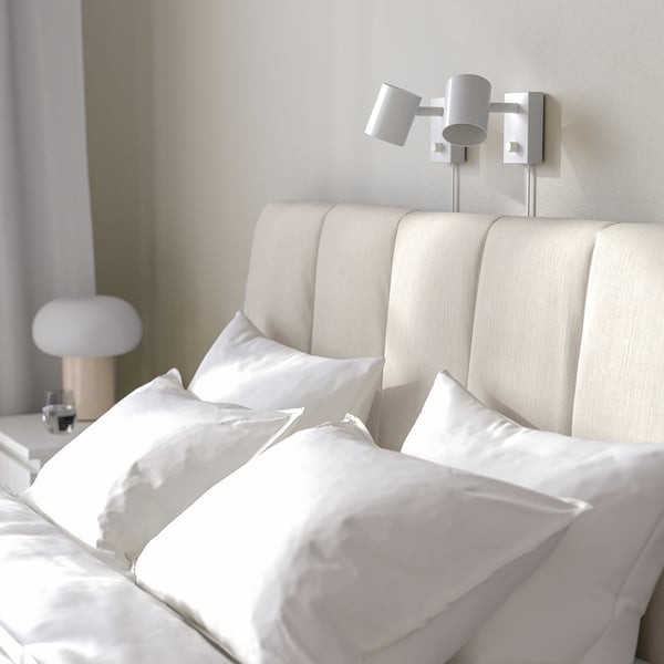 TÄLLÅSEN upholstered bed frame, Kulsta light beige/Leirsund, 140x200 cm
