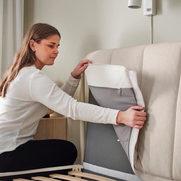TÄLLÅSEN upholstered bed frame, Kulsta light beige/Lindbåden, 160x200 cm