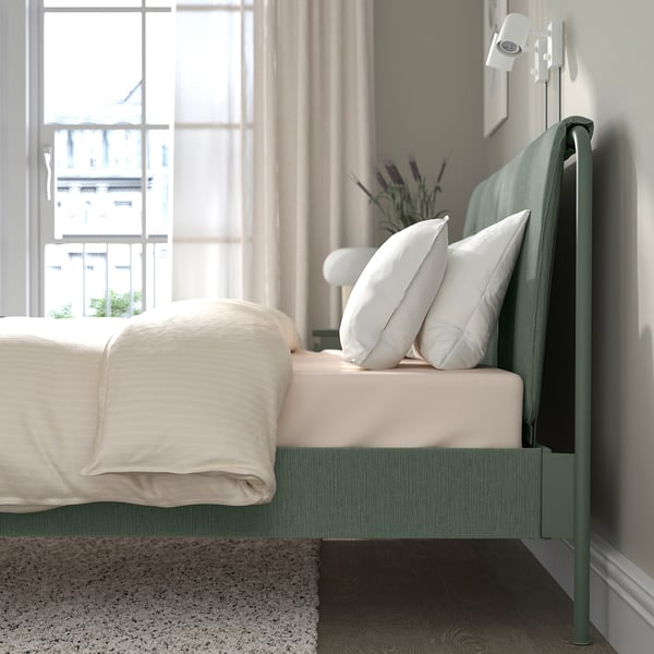 TÄLLÅSEN upholstered bed frame, Kulsta grey-green/Lindbåden, 160x200 cm