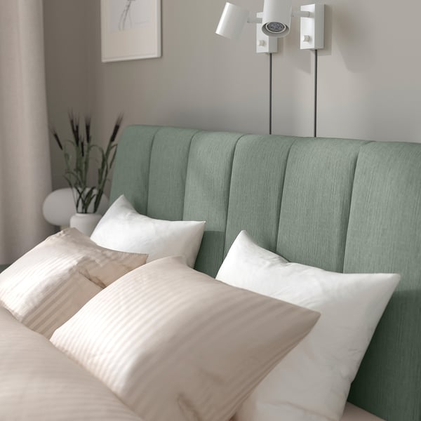 TÄLLÅSEN upholstered bed frame, Kulsta grey-green/Lindbåden, 160x200 cm