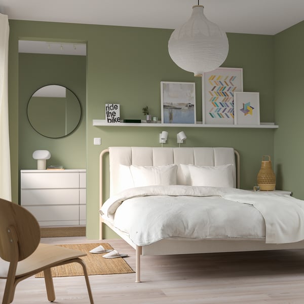 TÄLLÅSEN upholstered bed frame with mattress, Kulsta light beige/Valevåg extra firm, 160x200 cm