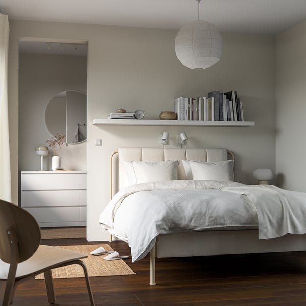 TÄLLÅSEN upholstered bed frame with mattress, Kulsta light beige/Valevåg firm, 140x200 cm