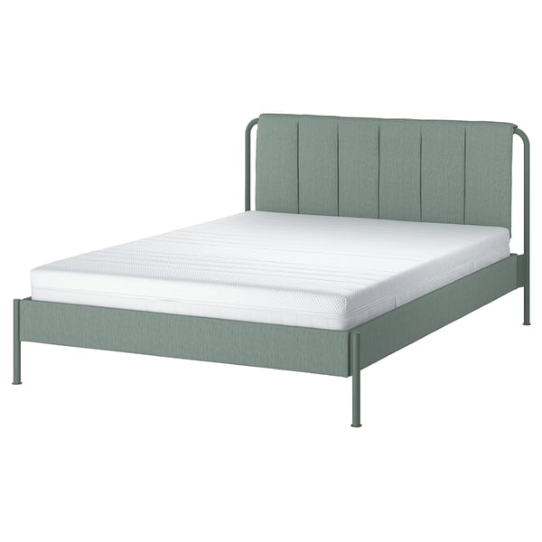 TÄLLÅSEN upholstered bed frame with mattress, Kulsta grey-green/Åkrehamn firm, 140x200 cm