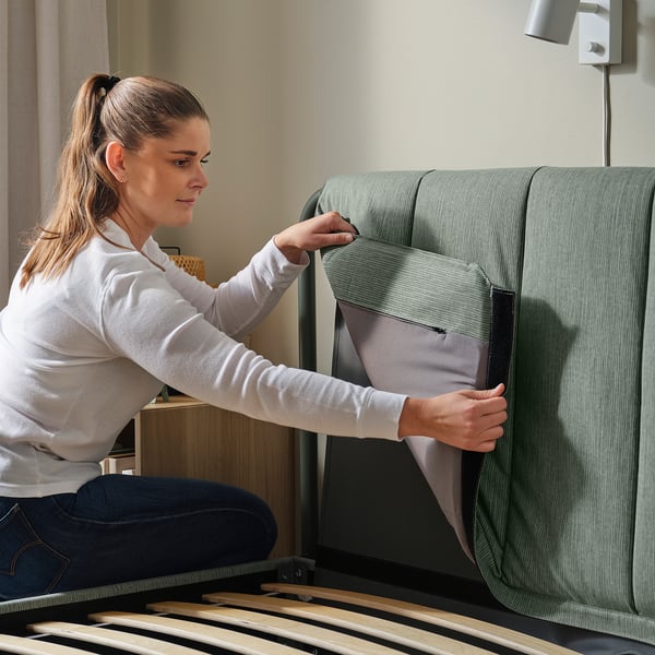 TÄLLÅSEN - Upholstered bed frame/mattress, Kulsta grey-green/Åkrehamn semi-rigid, , 140x200 cm