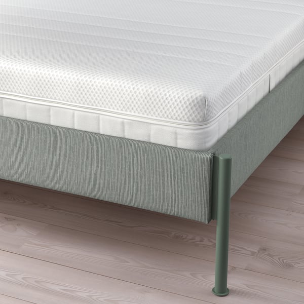 TÄLLÅSEN upholstered bed frame with mattress, Kulsta grey-green/Åkrehamn medium firm, 140x200 cm