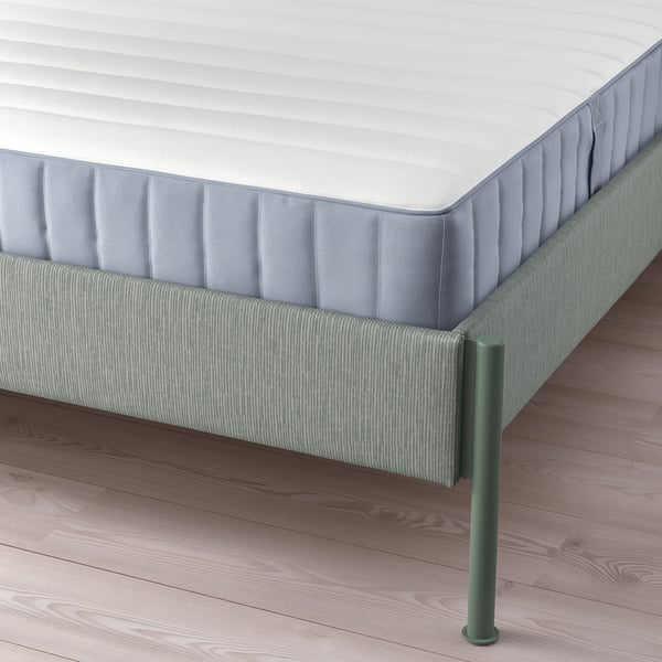 TÄLLÅSEN upholstered bed frame with mattress, Kulsta grey-green/Valevåg extra firm, 140x200 cm