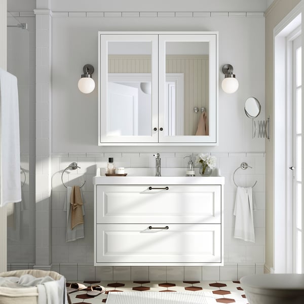 TÄNNFORSEN - Mirror cabinet with doors, white, 100x15x95 cm