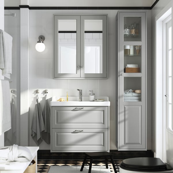 TÄNNFORSEN mirror cabinet with doors, light grey, 80x15x95 cm