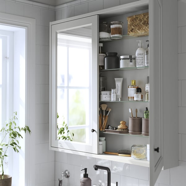 TÄNNFORSEN - Mirror cabinet with doors, light grey,100x15x95 cm