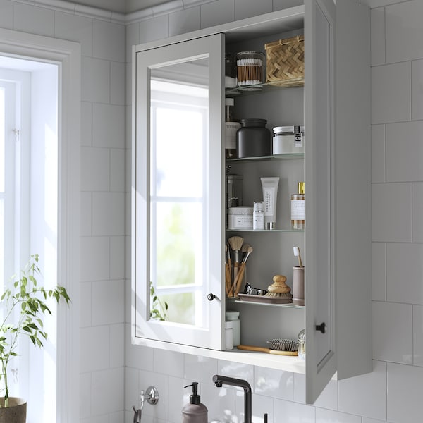 TÄNNFORSEN - Mirror cabinet with doors, light grey,80x15x95 cm