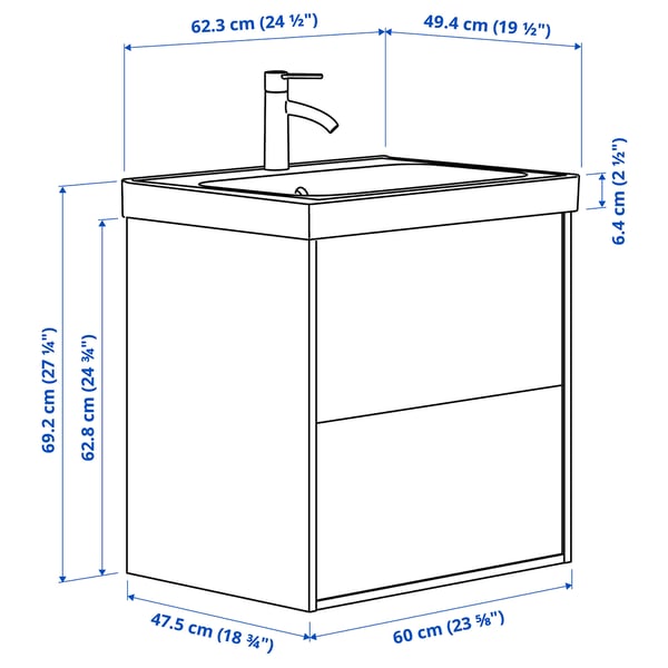 TÄNNFORSEN / ORRSJÖN wash-stnd w drawers/wash-basin/tap, white, 62x49x69 cm