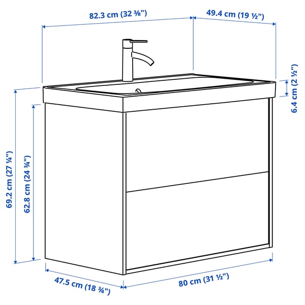 TÄNNFORSEN / ORRSJÖN wash-stnd w drawers/wash-basin/tap, white, 82x49x69 cm