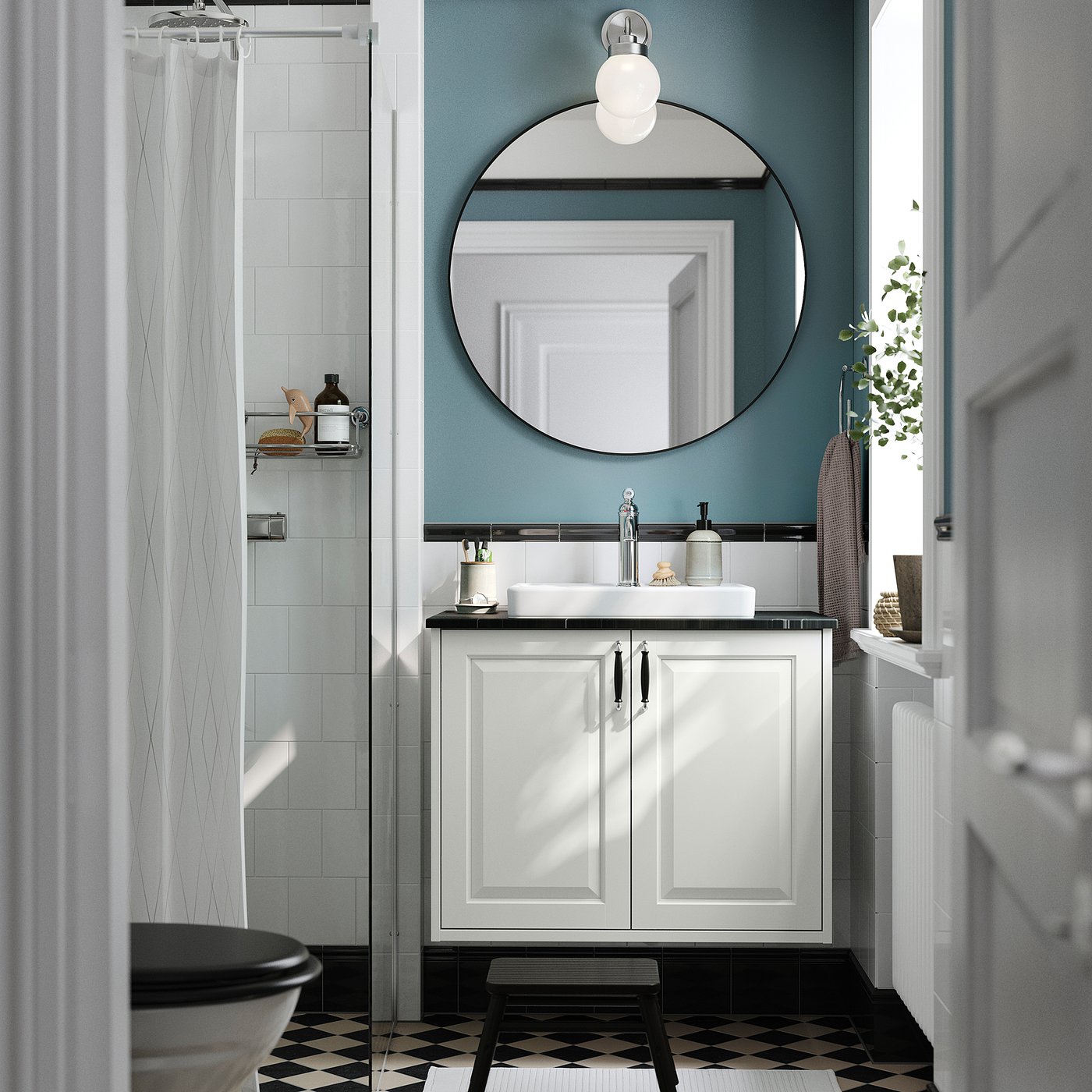 TÄNNFORSEN / ORRSJÖN wash-stnd w doors/wash-basin, white/black marble effect, 82x49x71 cm