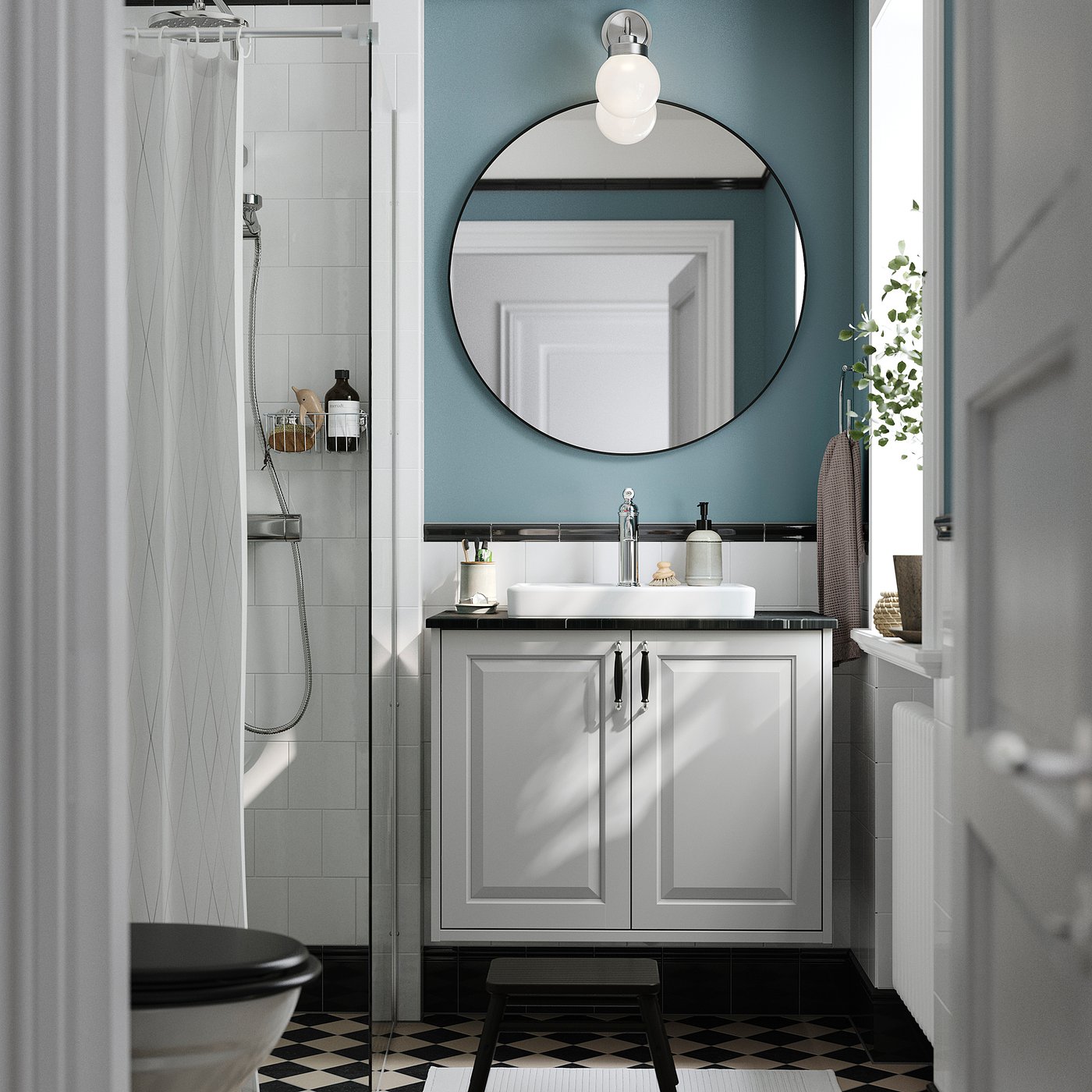 TÄNNFORSEN / ORRSJÖN wash-stnd w doors/wash-basin, light grey/black marble effect, 82x49x71 cm