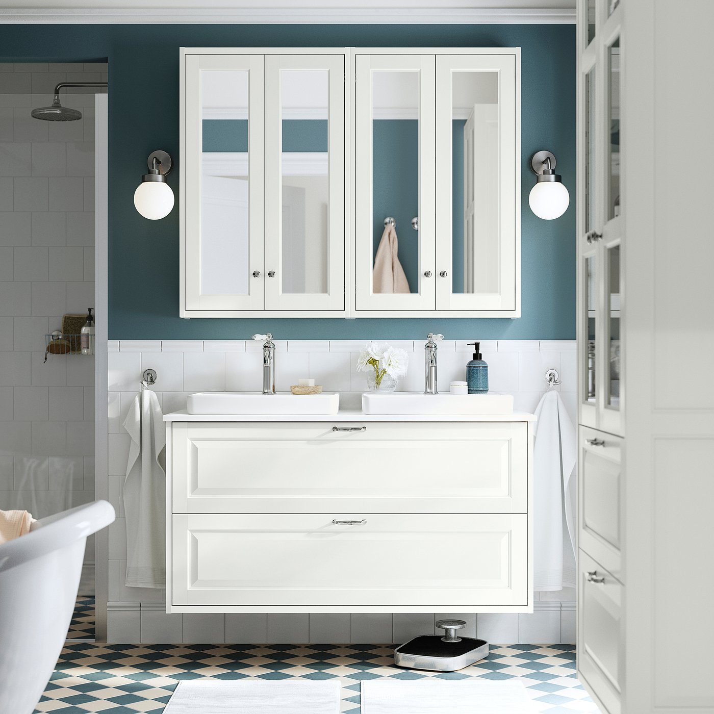 TÄNNFORSEN / ORRSJÖN wash-stnd w drawers/wash-basin, white/white marble effect, 122x49x71 cm