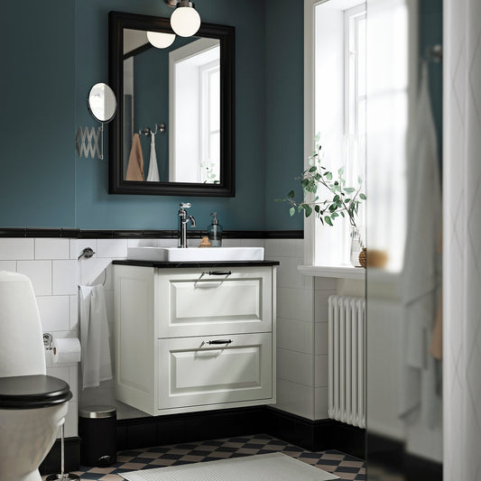 TÄNNFORSEN / ORRSJÖN wash-stnd w drawers/wash-basin, white/black marble effect, 62x49x71 cm