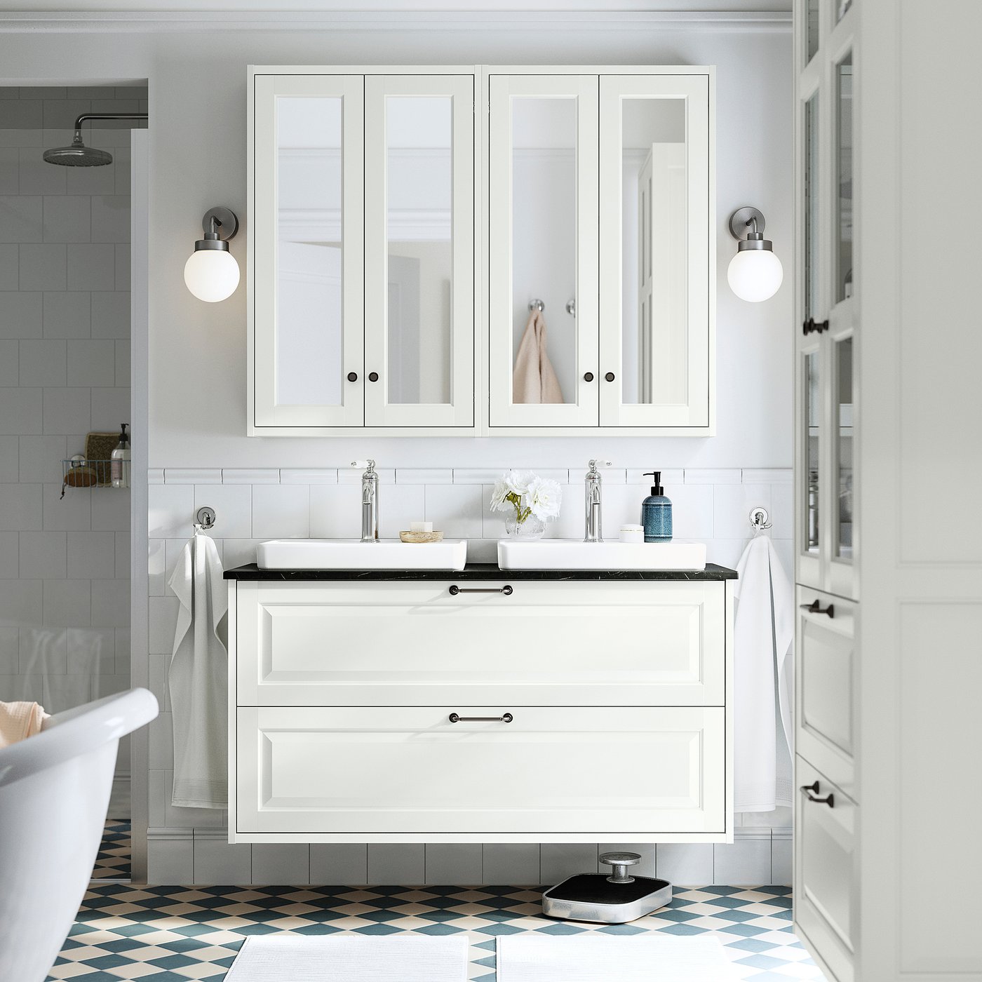 TÄNNFORSEN / ORRSJÖN wash-stnd w drawers/wash-basin, white/black marble effect, 122x49x71 cm