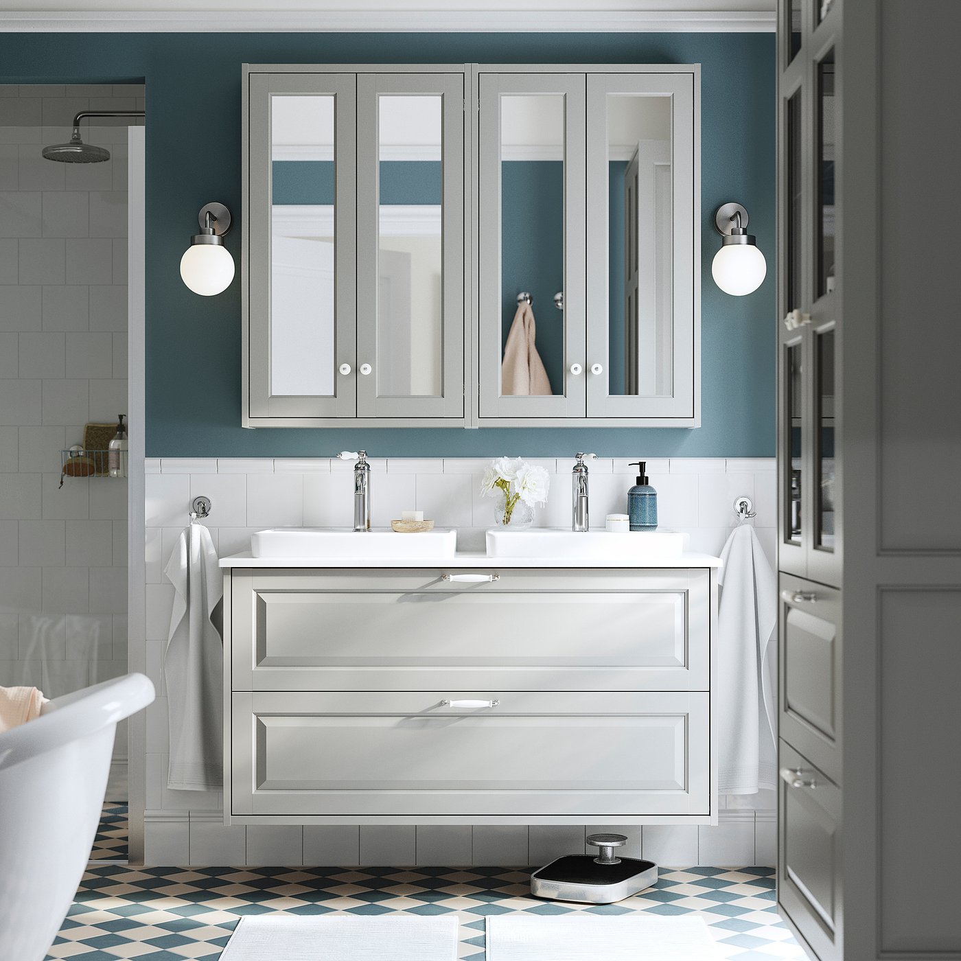 TÄNNFORSEN / ORRSJÖN wash-stnd w drawers/wash-basin, light grey/white marble effect, 122x49x71 cm
