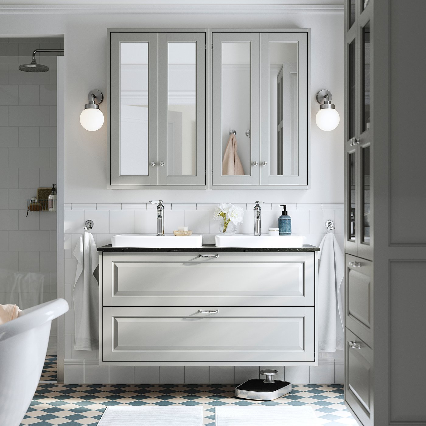 TÄNNFORSEN / ORRSJÖN wash-stnd w drawers/wash-basin, light grey/black marble effect, 122x49x71 cm