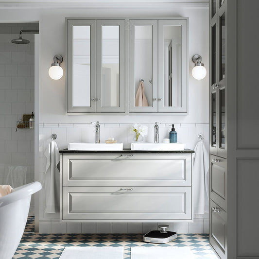 TÄNNFORSEN / ORRSJÖN wash-stnd w drawers/wash-basin, light grey/black marble effect, 122x49x71 cm