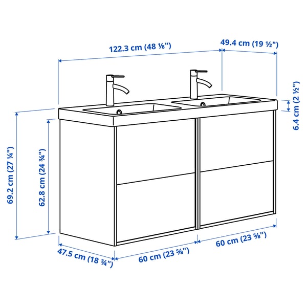 TÄNNFORSEN / ORRSJÖN - Mobile lavabo/lavabo/miscelatori, grigio chiaro,122x49x74 cm