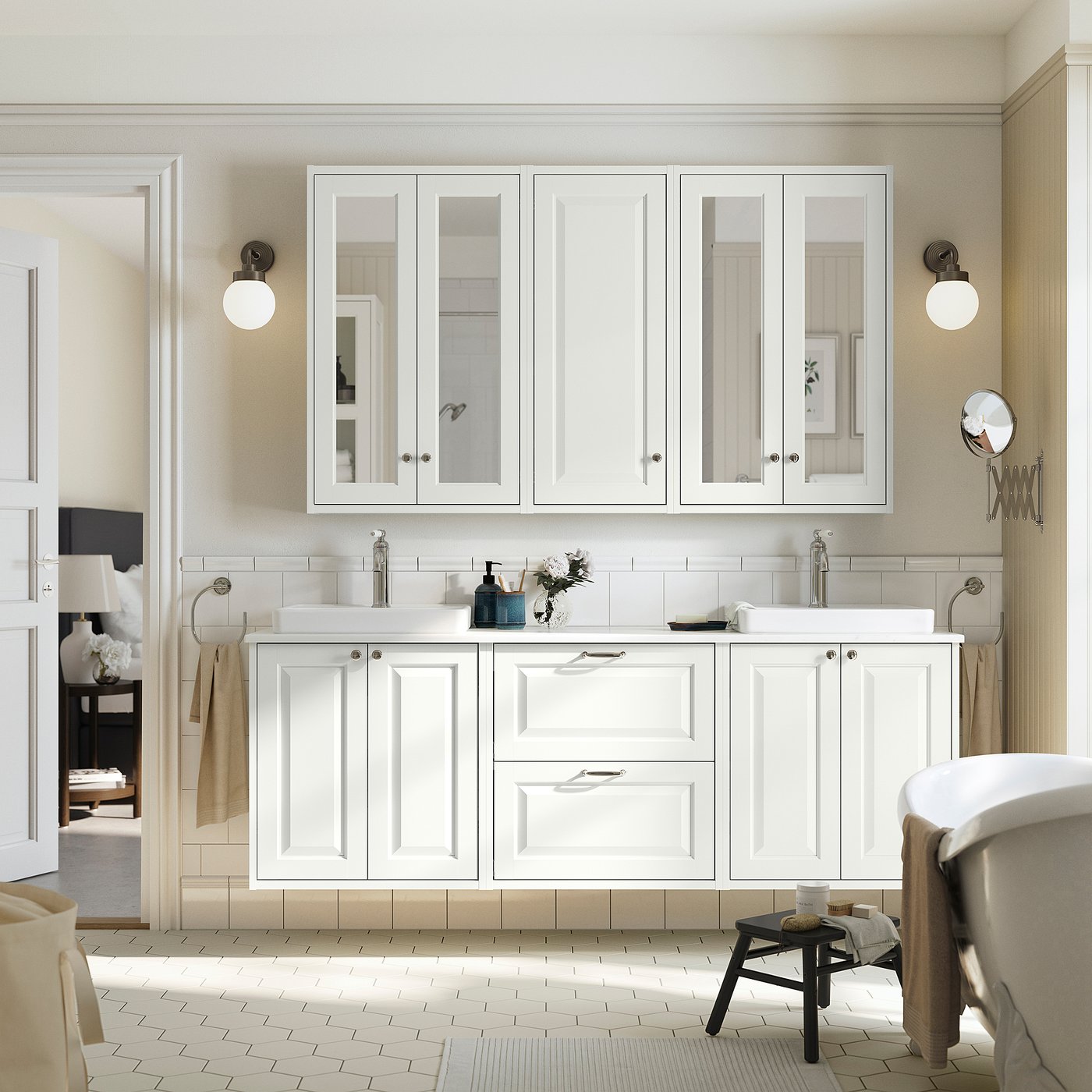 TÄNNFORSEN / ORRSJÖN wash-stand/wash-basins, white/white marble effect, 182x49x71 cm