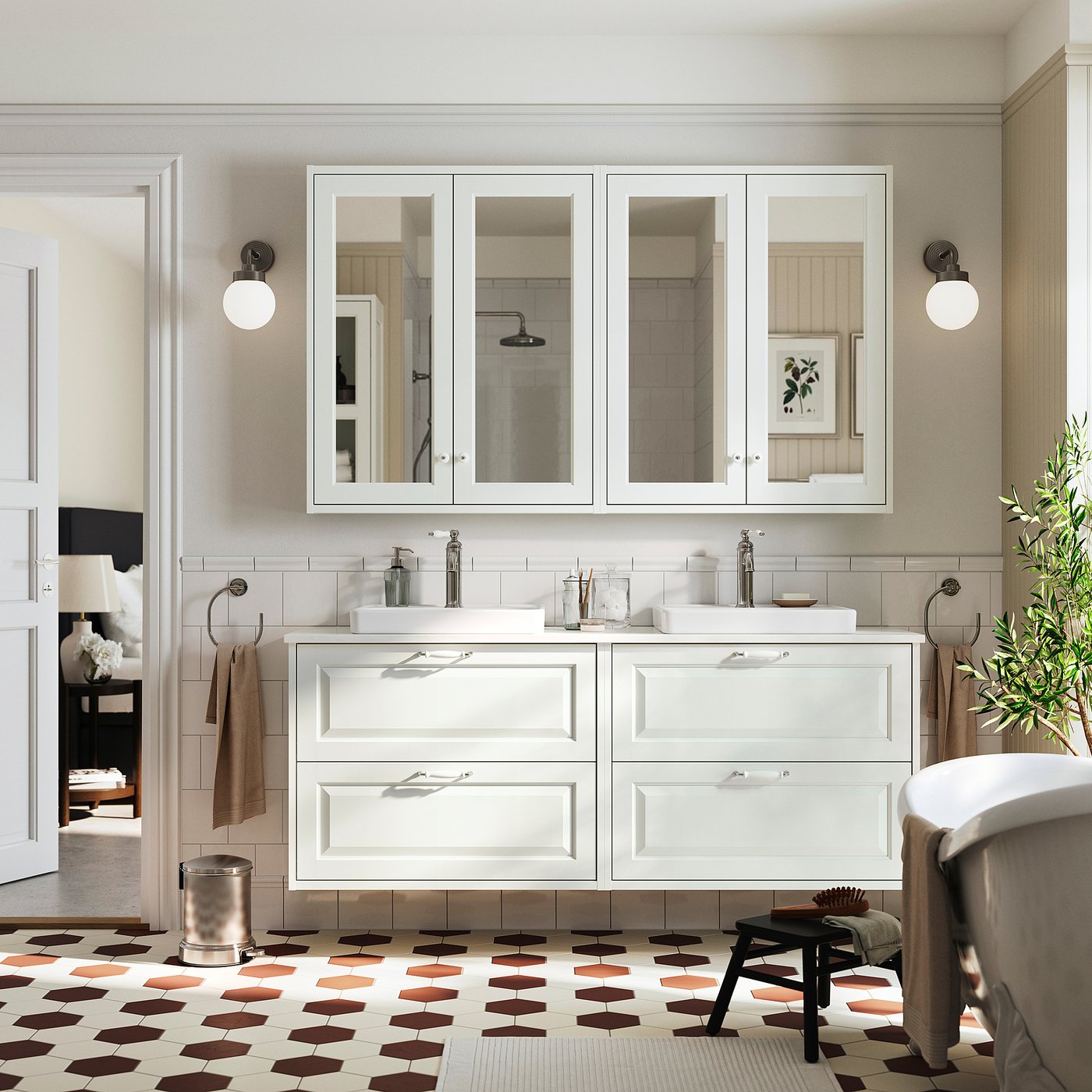 TÄNNFORSEN / ORRSJÖN wash-stand/wash-basins, white/white marble effect, 162x49x71 cm