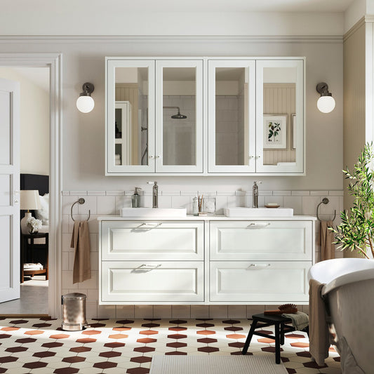 TÄNNFORSEN / ORRSJÖN wash-stand/wash-basins, white/white marble effect, 162x49x71 cm