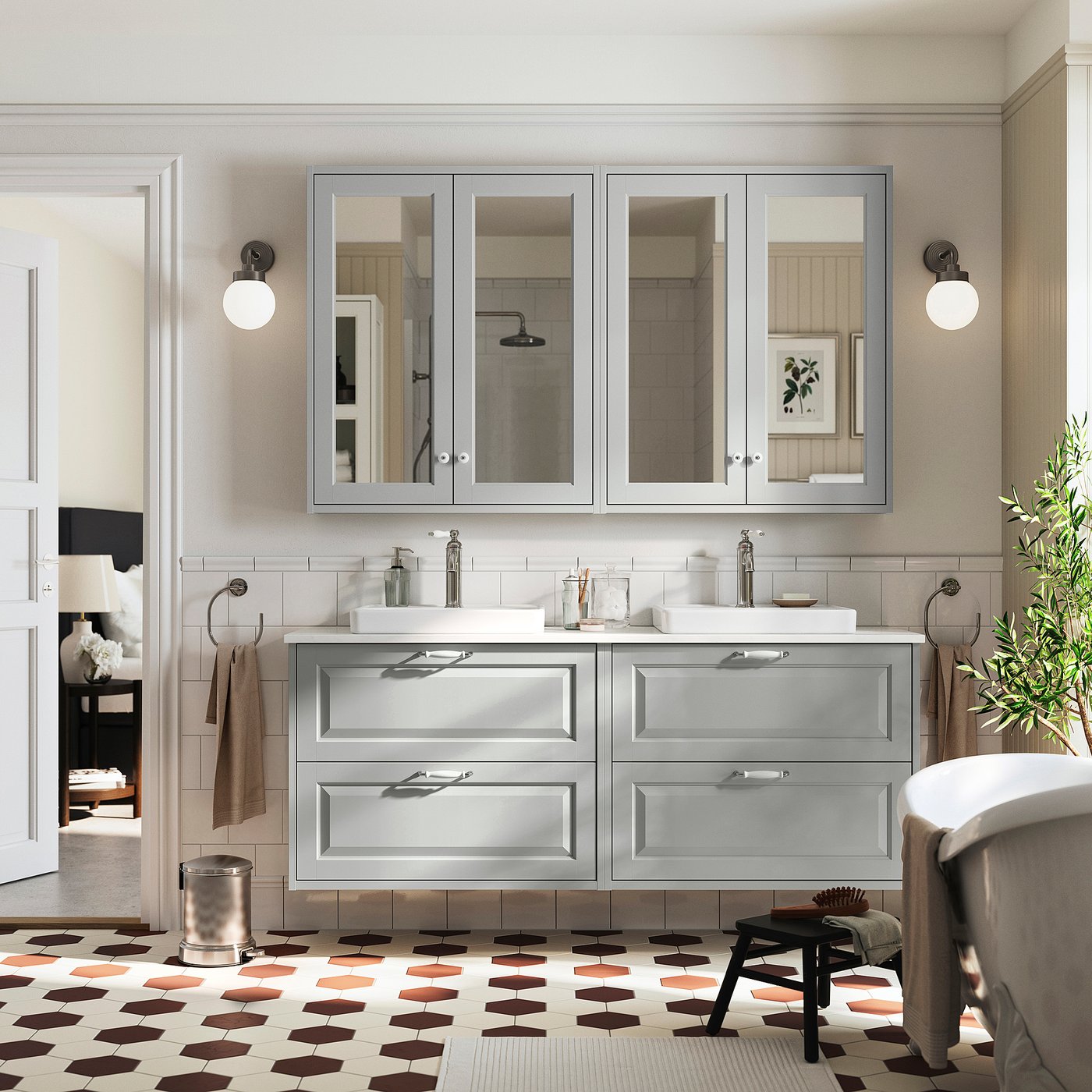 TÄNNFORSEN / ORRSJÖN wash-stand/wash-basins, light grey/white marble effect, 162x49x71 cm