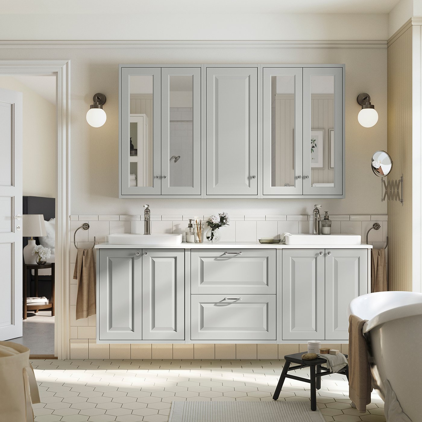 TÄNNFORSEN / ORRSJÖN wash-stand/wash-basins, light grey/white marble effect, 182x49x71 cm