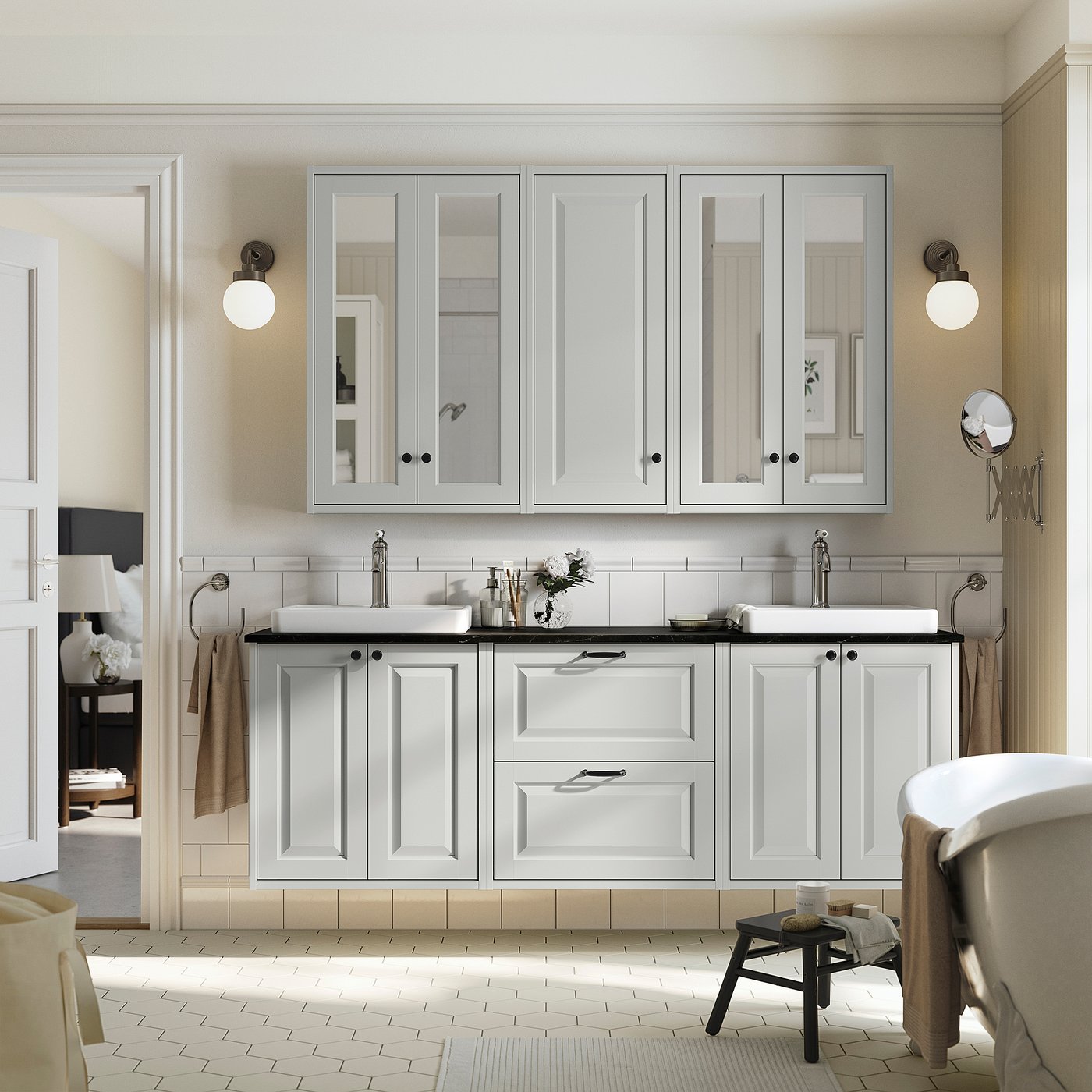 TÄNNFORSEN / ORRSJÖN wash-stand/wash-basins, light grey/black marble effect, 182x49x71 cm