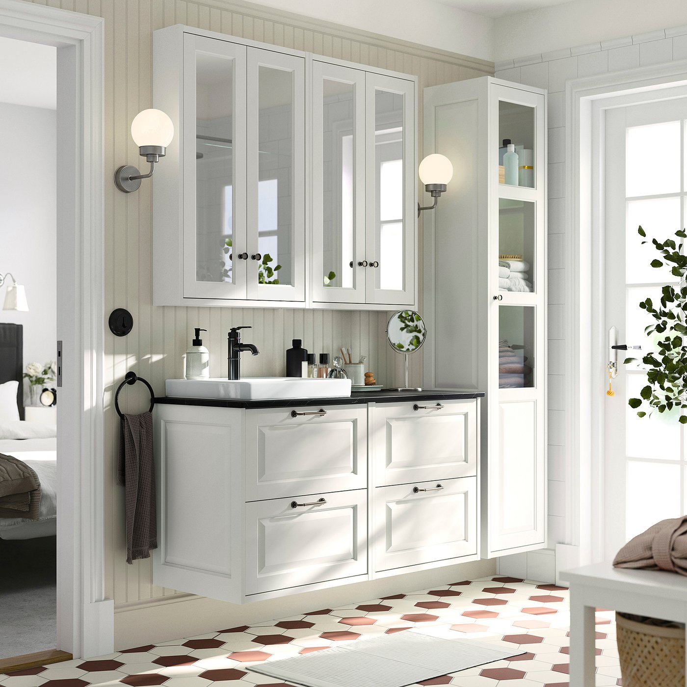 TÄNNFORSEN / ORRSJÖN wash-stand/wash-basin, white/black marble effect, 122x49x71 cm