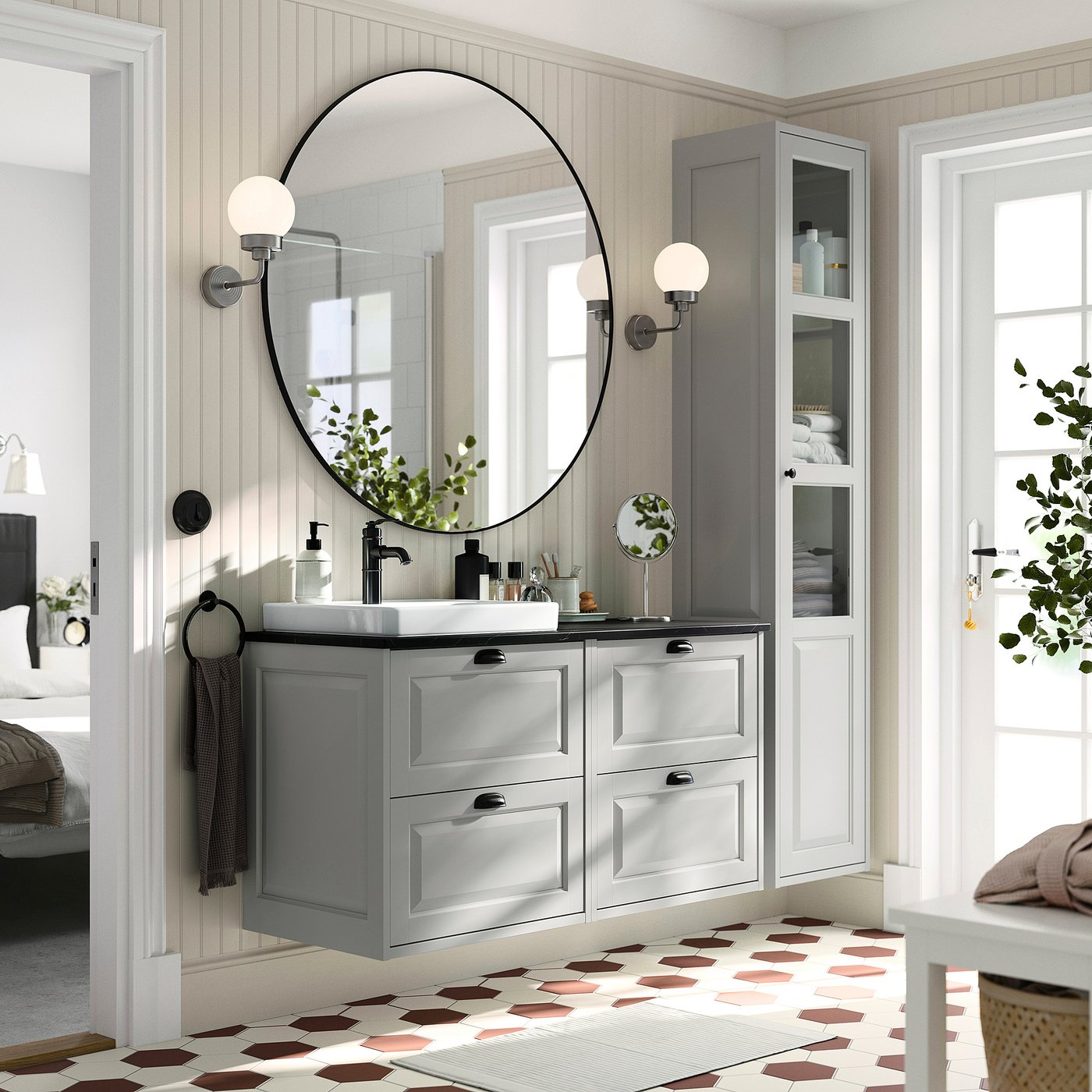 TÄNNFORSEN / ORRSJÖN wash-stand/wash-basin, light grey/black marble effect, 122x49x71 cm
